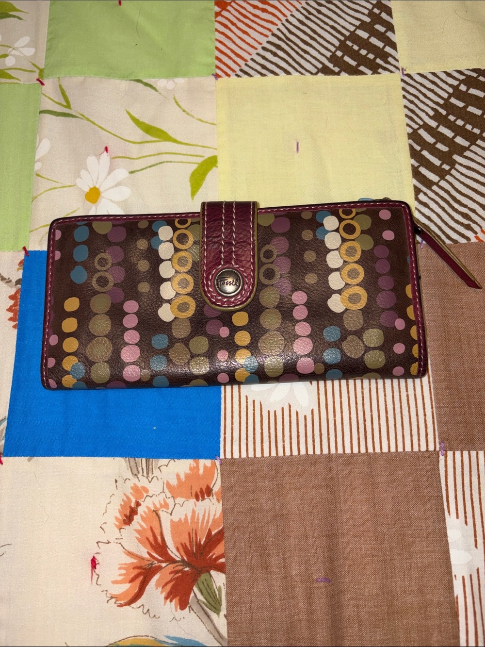 Fossil Brown Leather Wallet with Multicolor Dot Pattern